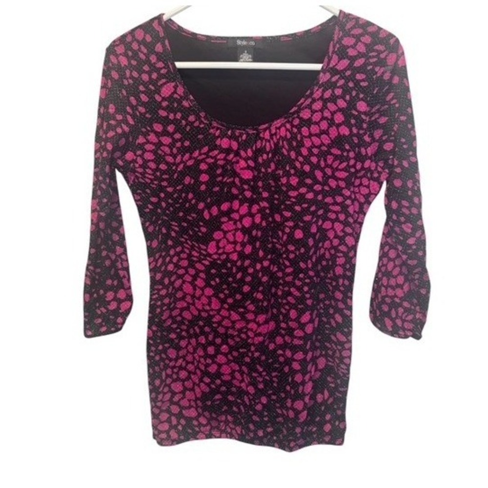 Style & Co Womens Pink Animal Print Metallic 3/4 Sleeve Top Small Chic Office